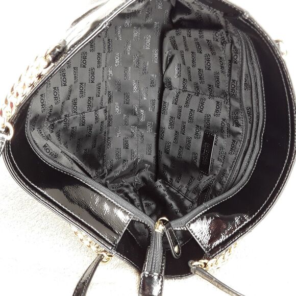 MICHAEL KORS Patent Leather + Chain Tote Bag, Shoulder Purse Handbag,shiny black - Picture 13 of 16